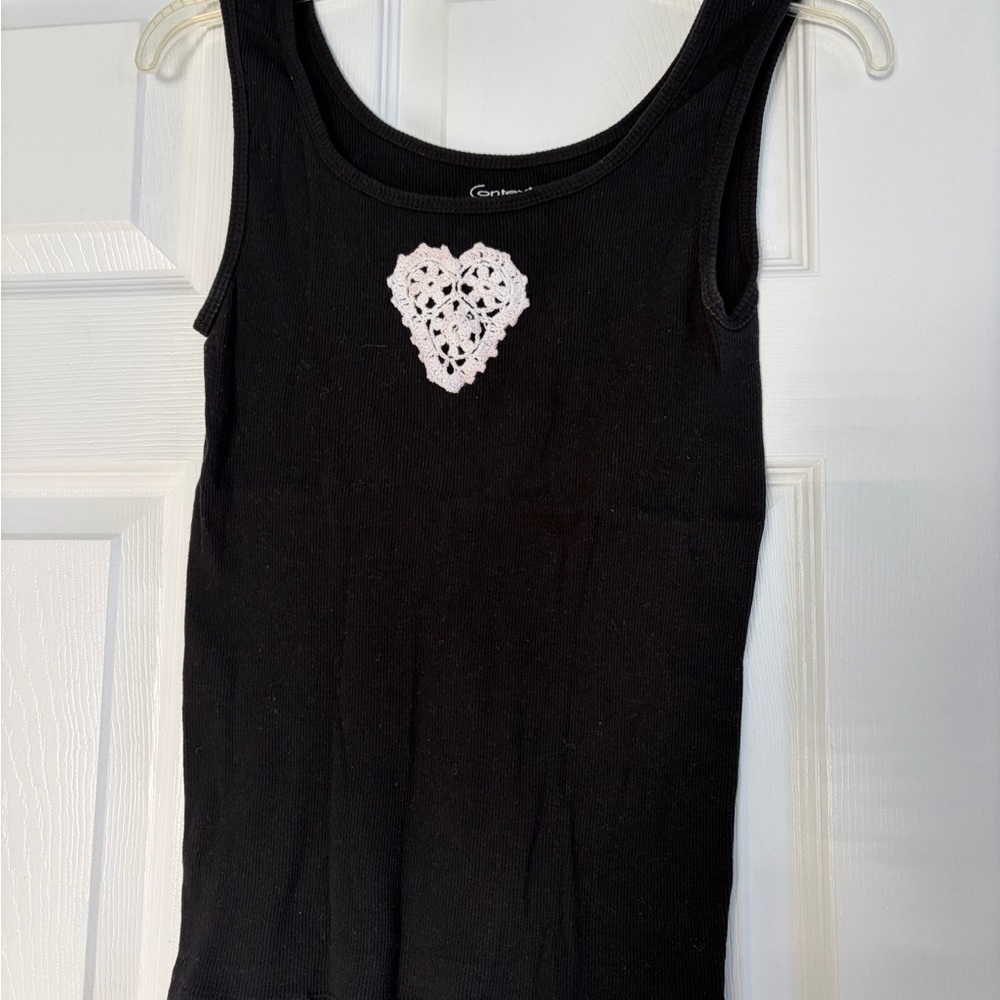 Context Black Tank Top with White Heart Lace Accent